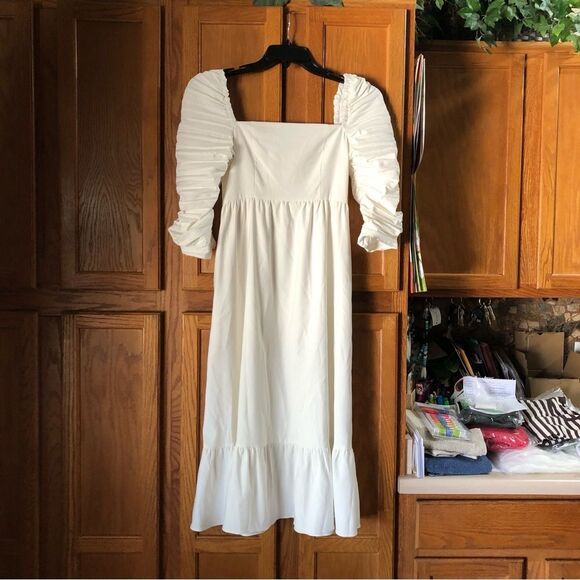 Anthropologie OPT Square Neck Ruched Sleeve Ruffle Hem MIDI Dress- S - Picture 1 of 14